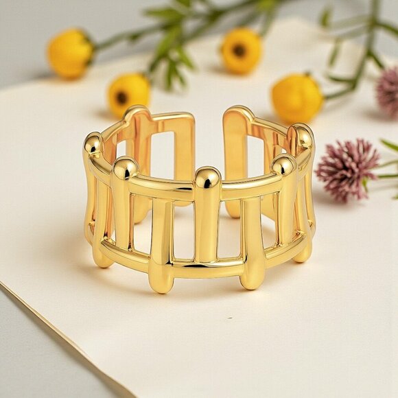 ποΈ18K Gold Plated Stainless Steel Open Adjustable Ring π Fits Sizes 6-9 - Picture 1 of 11